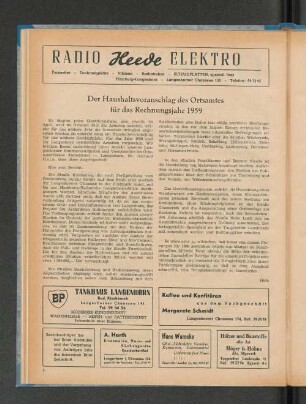 Der Haushaltsvoranschlag des Ortsamtes für das Rechnungsjahr 1959