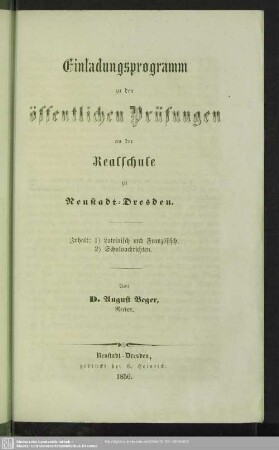 1855/56: Einladungsprogramm zu den öffentlichen Prüfungen an der Realschule zu Neustadt-Dresden