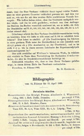Bibliographie vom 15. Februar bis 15. April 1869.