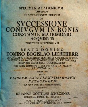 Specimen Academicvm Continens Tractationem Brevem De Svccessione Conivgvm In Bonis Constante Matrimonio Acqvisitis