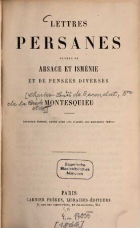 Lettres Persanes suivies de Arsace et Isménie et de Pensées diverses par Montesquieu
