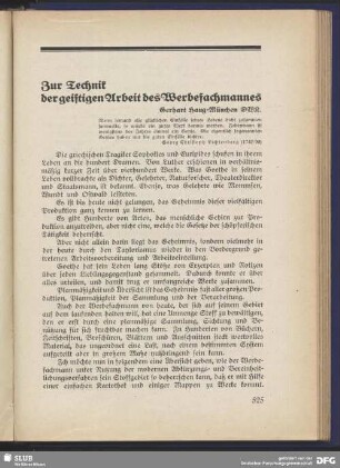 Zur Technik der geistigen Arbeit des Werbefachmannes