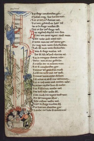 Mann auf der Tugendleiter zum Himmel, Lasterleiter zur Hölle mit Teufeln; (Buch 5)