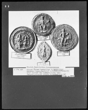 Siegel Kaiser Maximilians I. (1493-1519), Heinrich Raspe, Landgraf von Thüringen (1245-1247), Graf Günther von Schwarzenberg 1349, Imagina, Gemahlin Adolfs von Nassau (1292-1298)
