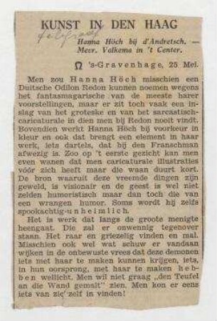 Hanna Höch bij d'Andretsch, - Mevr. Valkema in 't Center. [Haagsche Telegraaf, Den Haag]. Rezension zur Ausstellung Hannah Höchs in der Galerie d'Audretsch, Den Haag, Mai bis 12. Juni 1934.