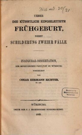 Ueber die künstlich eingeleitete Frühgeburt : nebst Schilderung zweier Fälle