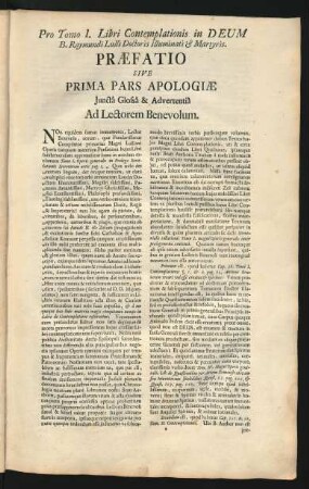 Prefatio Sive Prima Pars Apologiae Junctâ Glossâ & Adverteniâ Ad Lectorem Benevolum
