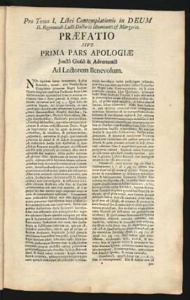 Prefatio Sive Prima Pars Apologiae Junctâ Glossâ & Adverteniâ Ad Lectorem Benevolum