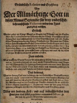 Gründtliche Relation was der Allmechtige Gott in diesem Monat September für drey ... Victorien ... verlihen