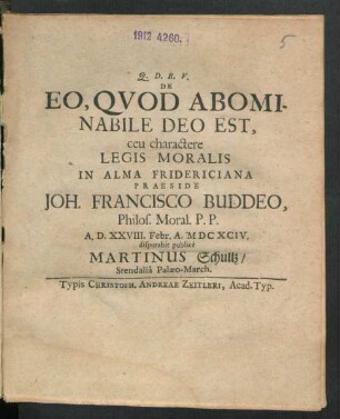 De Eo, Quod Abominabile Deo Est, ceu charactere Legis Moralis