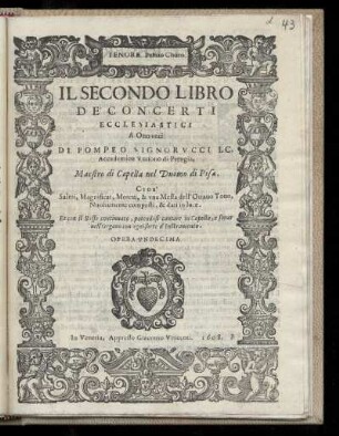 Pompeo Signorucci: Ill secondo libro dei concerti ecclesiastici a otto voci ... Tenor Primo Choro
