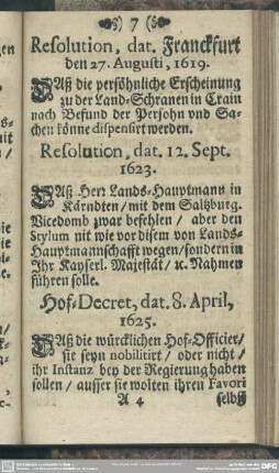 Resolution, dat. Franckfurt den 27. Augusti, 1619