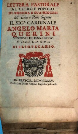 Lettera pastorale al clero e popolo di Brescia e sua diocesi