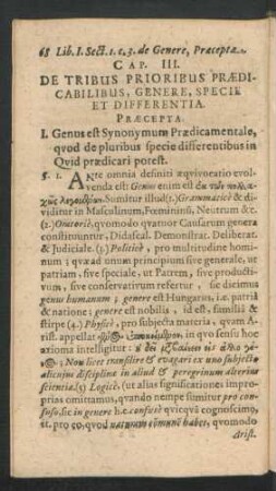 Cap. III. De Tribus Prioribus Praedicabilibus, Genere, Specie Et Differentia.