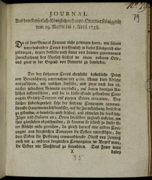 Journal Aus dem Kaiserlich-Königlichen Haupt-Quartier Königgrätz vom 29. Martii bis 1. April 1758