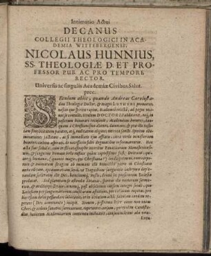 Intimatio Actui Decanus Gollegii Theologici In Academia Wittebergensi, Nicolaus Hunnius [...]