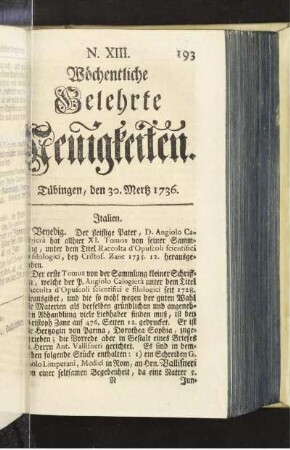 N. XIII. Tübingen, den 30. Mertz 1736