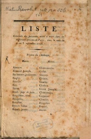 Liste générale des personnes mises a mort dans les differentes prisons de Paris, dans la nuit du 2 au 3 septembre 1790