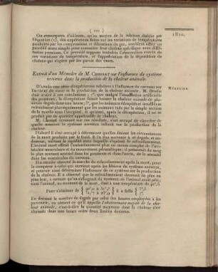 Extrait d'un Mémoire de M. Chossat sur l'influence du systeme nerveux dans la production de la chaleur animale