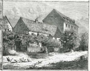 Denkmal und Sterbehaus der Karoline Neuer in Laubegast : nach Reinhardt, August (1831-1915). Denkmal und Sterbehaus der Karoline Neuber in Laubegast. Ausschnitt: Sterbehaus. Radierung; 13,0 x 23,5 cm, vor 1861. Dresden: SLUB Eph.lit.1927