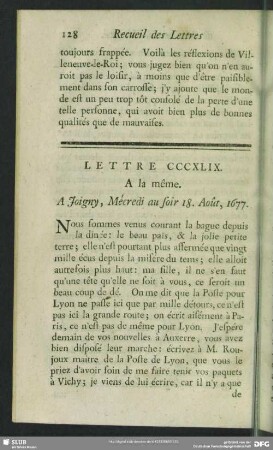 Lettre CCCXLIX. A la même. A Joigny, Mécredi au soir 18. Août, 1677