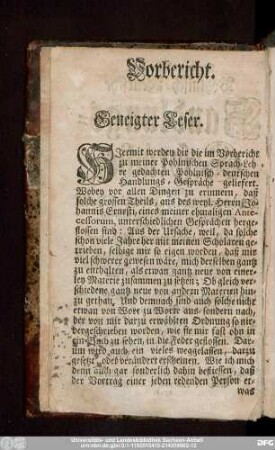 Vorbericht. Geneigter Leser.