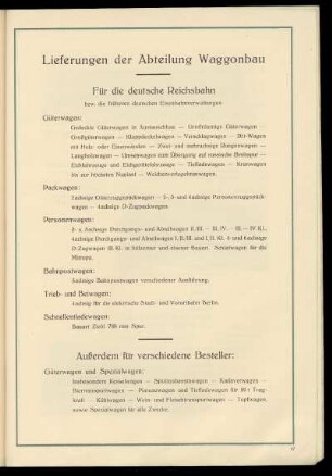Lieferungen der Abteilung Waggonbau