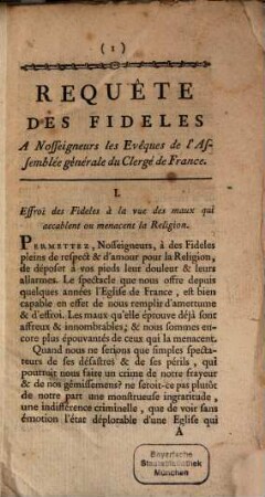 Requête des fideles a Nosseigneurs les Evêques de l'Assemblée générale du Clergé de France