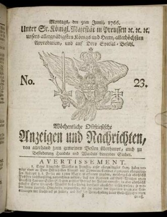 No. 23. Montags, den 9ten Junii, 1766.