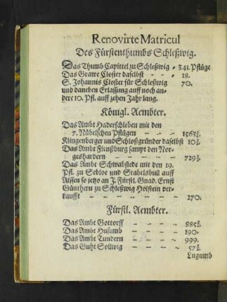 Renovirte Matricul Des Fürstenthumbs Schleßwig.