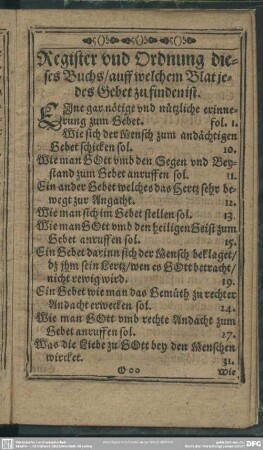 Register und Ordnung dieses Buchs, auff welchem Blat jedes Gebet zu finden ist