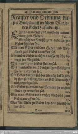 Register und Ordnung dieses Buchs, auff welchem Blat jedes Gebet zu finden ist
