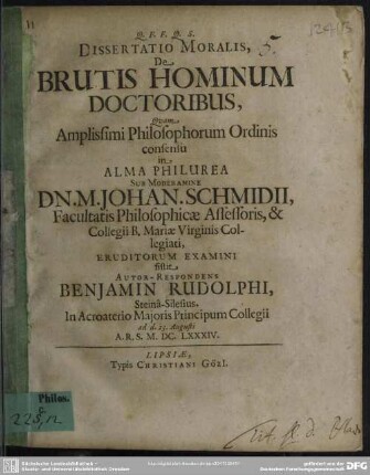 Dissertatio moralis de brutis hominum doctoribus