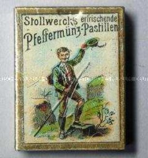 Automaten-Blechdose mit Schiebedeckel für "Stollwerck's erfrischende Pfeffermünz-Pastillen" (Abbildung: Wanderer Hut schwenkend)