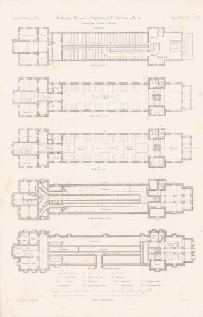 Städtisches Allgemeines Krankenhaus, Berlin-Friedrichshain: Grundrisse Keller, EG, 1.OG, Dach zweistöckiger Pavillon (aus: Atlas zur Zeitschrift für Bauwesen, hrsg. v. G. Erbkam, Jg. 25, 1875)