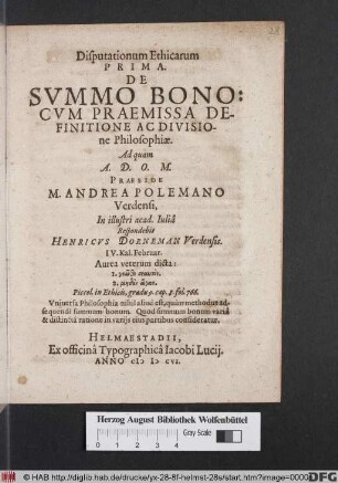 Disputationum Ethicarum Prima. De Summo Bono: Cum Praemissa Definitione Ac Divisione Philosophiae