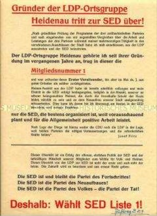 Propagandaflugblatt der SED zum Übertritt eines LDP-Funktionärs