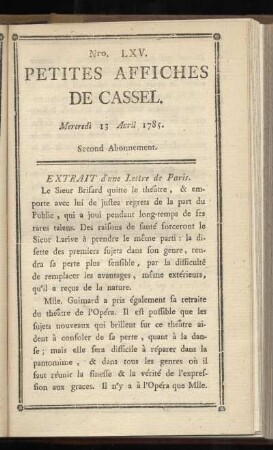 No LXV (Mercredi 13 Avril 1785)