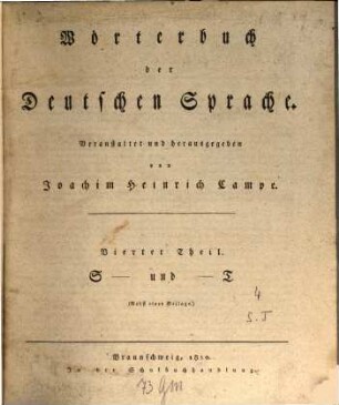 Wörterbuch der deutschen Sprache, 4. S und T (nebst einer Beilage)