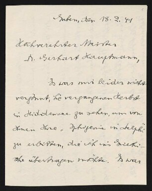 Brief von Andromache Anagnostopoulos an Gerhart Hauptmann