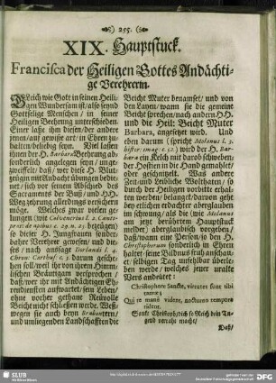 XIX: Hauptstuck. Francisca der Heiligen Gottes Andaechtige Verehrerin