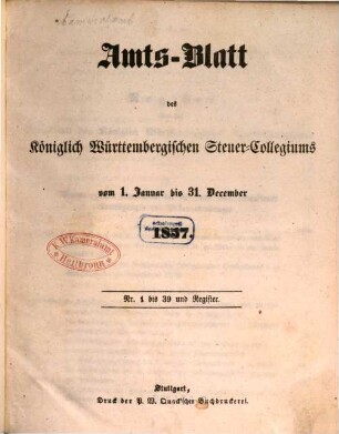 Amtsblatt des Württembergischen Steuerkollegiums. 1857