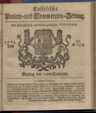 37. Stueck, Montag den 10ten Septembr. 1764
