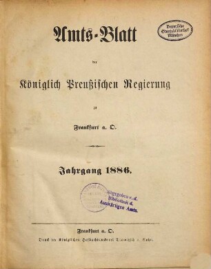 Amtsblatt der Regierung zu Frankfurt a.d. Oder. 1886
