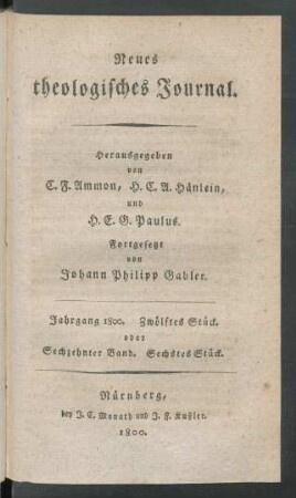 Jahrgang 1800. Zwölftes Stück. oder Sechzehnter Band. Sechstes Stück
