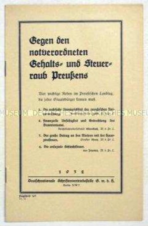 Heft mit vier Reden von DNVP-Abgeordneten im Preußischen Landtag zu den Notverordnungen