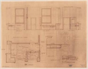 I.G.-Farben, Frankfurt/Main Verwaltungsgebäude: Toilettenzimmer, Nebenzimmer Direktor von Weinberg (in Q4, 1. OG): Grundriss, Aufrisse 1:20, Detail 1:5 (von Inv.Nr. 4327)