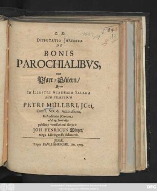 Disputatio Juridica De Bonis Parochialibvs
