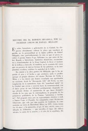 Discurso del Dr. Rodolfo Rivarola, por la Sociedad Amigos de Rafael Obligado