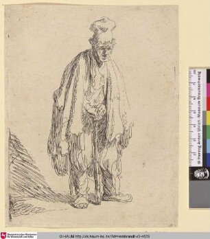 [Stehender Bettler mit hoher Mütze, an einen Stock gelehnt; Beggar in a High Cap, Standing and Leaning on a Stick; Gueux debout]
